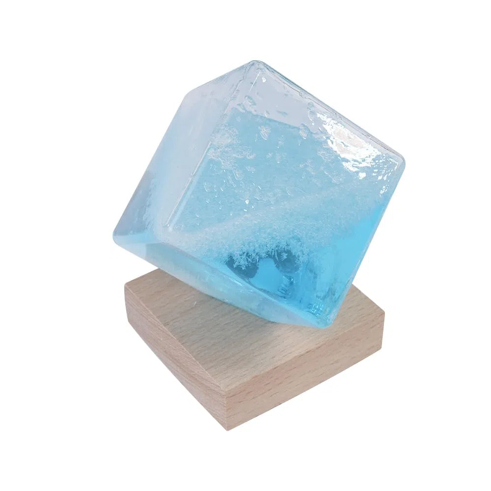 Stazione Meteorologica In Vetro Antitempesta Con Base In Legno Per Previsioni Del Tempo, Cubo D'Acqua Blu Cristallo Tempesta Creativo