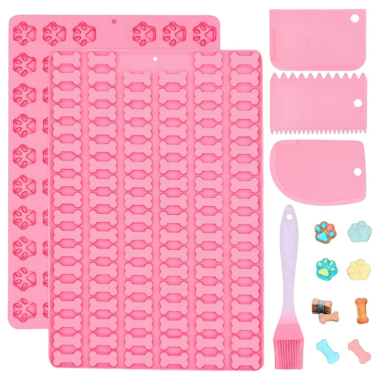 2PCS Stampi Silicone per Biscotti per Cani e Gatto, Antiaderente Stampo per Cibo di Cane, Mini Tappetino da Forno con Raschietto per Dog Treats, Cioccolato, Fudge, Caramelle - Senza BPA