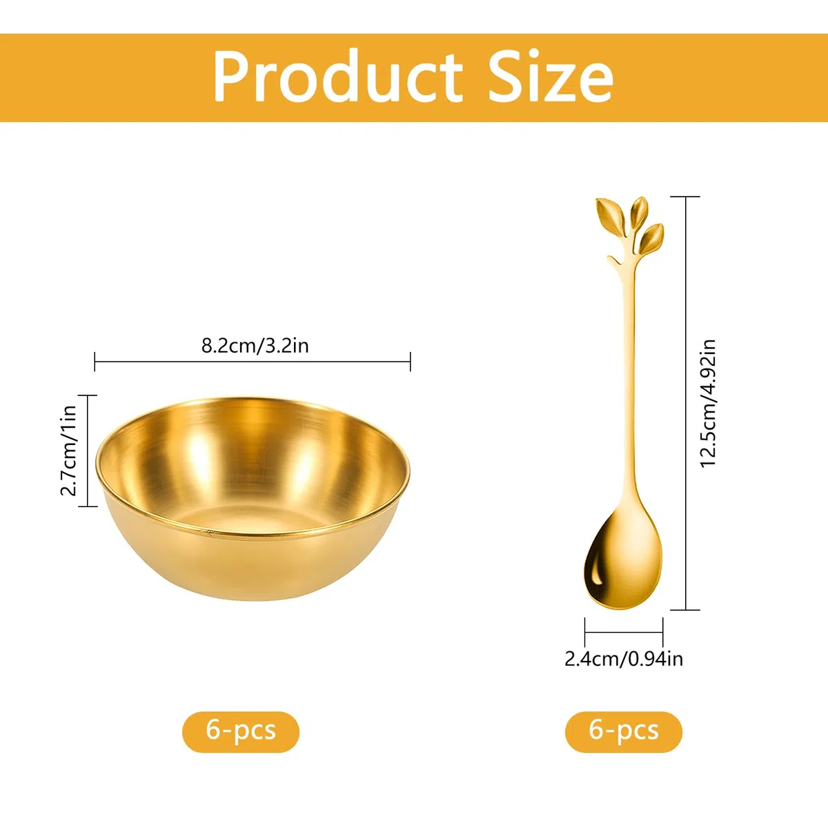 6 Pezzi Ciotole Rotonde Acciaio Inox Dorate Mini Ciotole per Salse Ciotoline Salse d’Oro con 6 Cucchiai Per Salsa di Soia Condimenti Spezie Frutta Tapas