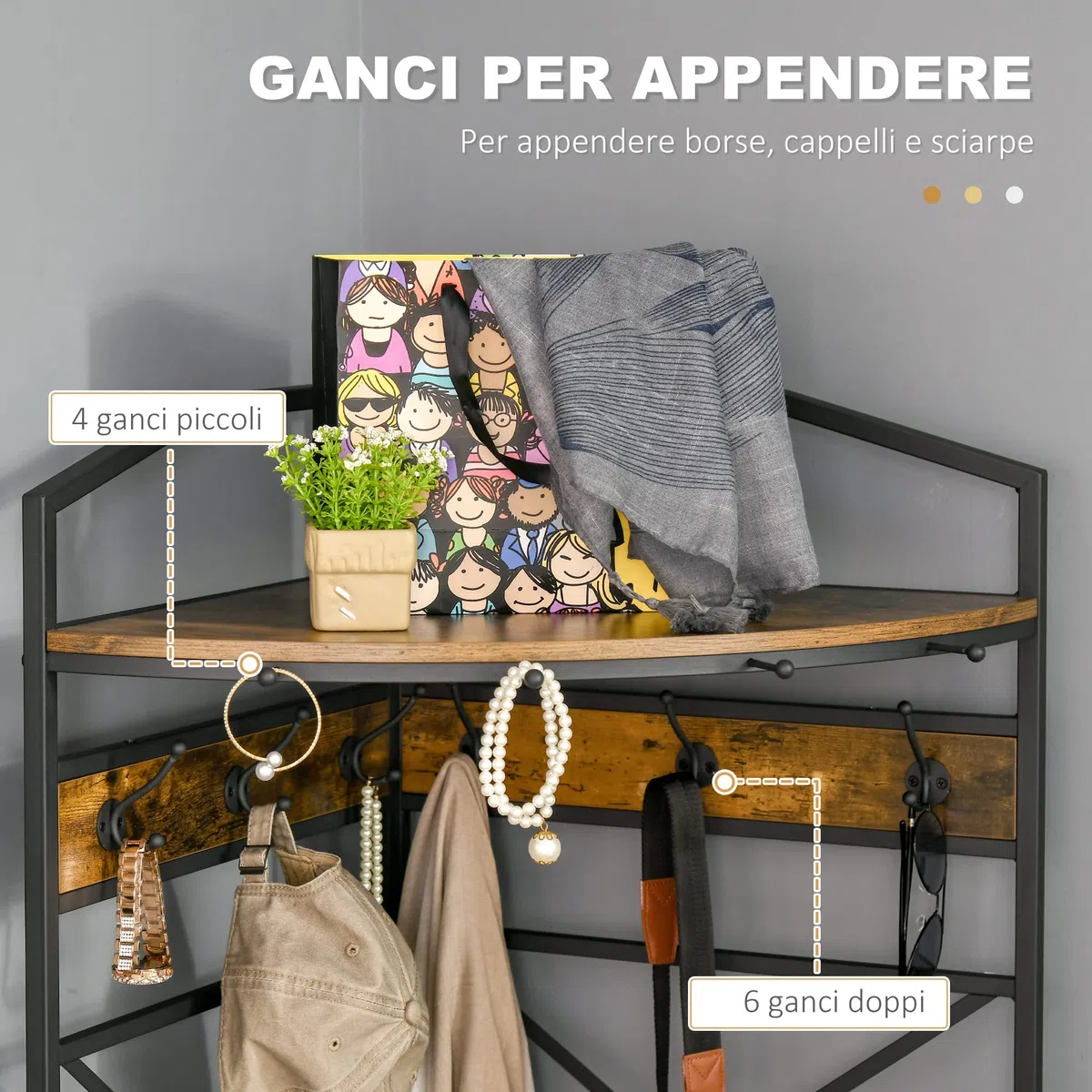 HOMCOM Attaccapanni da Terra con Ganci, Mobile Ingresso Appendiabiti da Terra Angolare con Panca e Scarpiera, Mensola in Stile Industriale, 50x50x183cm, Marrone
