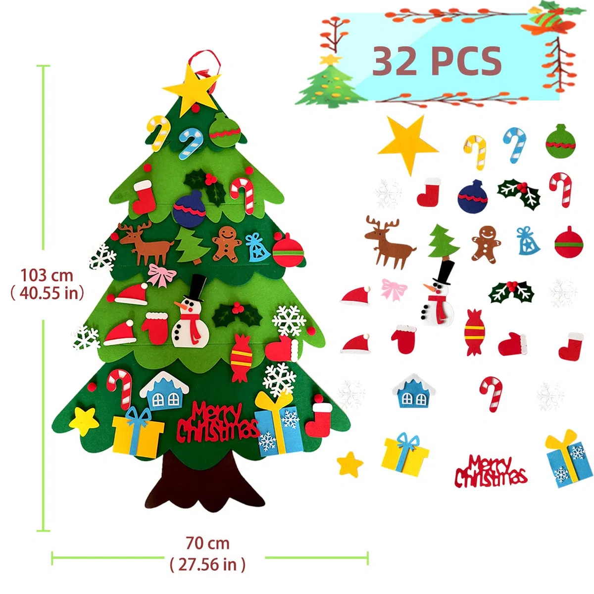 LUOHONG Albero Natale Feltro per Bambini, 32 Ornamenti Staccabili Regali di Natale di Nuovo Anno per Bambini, Decorazioni Natale per Pareti di Porte