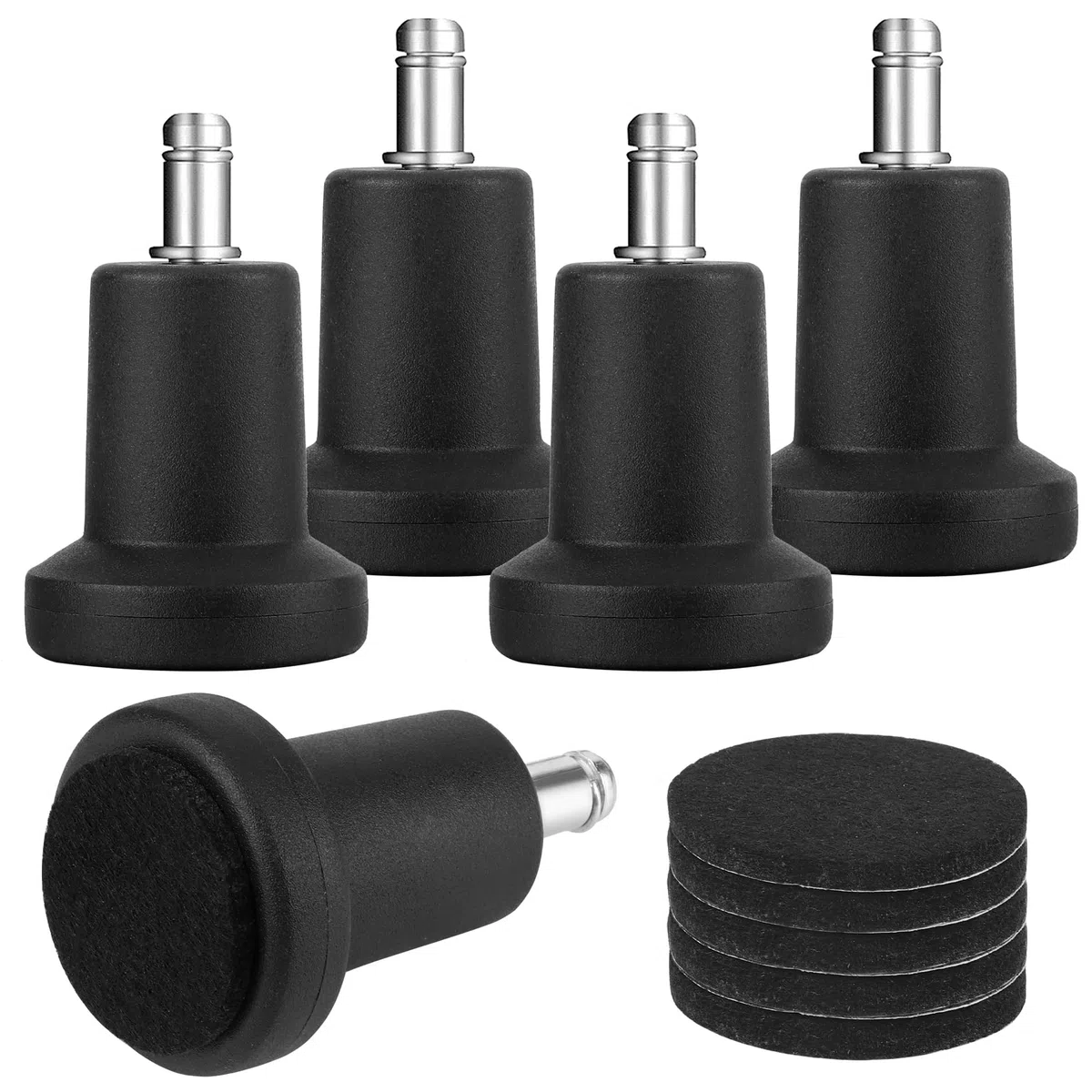 5 Piedini Fissi Sedia Girevole Ufficio, Perno 11x22mm Zoccolo, con 6 cuscinetti in feltro autoadesivi, Piedi Sostituzione Ruote Sedie Poltrona Scrivania Mobili - Nero