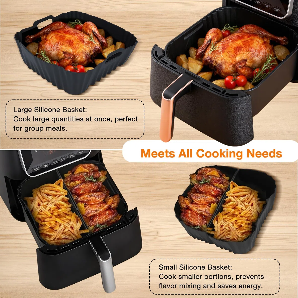 VINATO Set di 3 Teglie per Friggitrice ad Aria in Silicone - Accessori per Friggitrice ad Aria con Separazione Grasso, Lavabile in Lavastoviglie - Per COSORI, Ninja, Philips, Tefal, Russell Hobbs