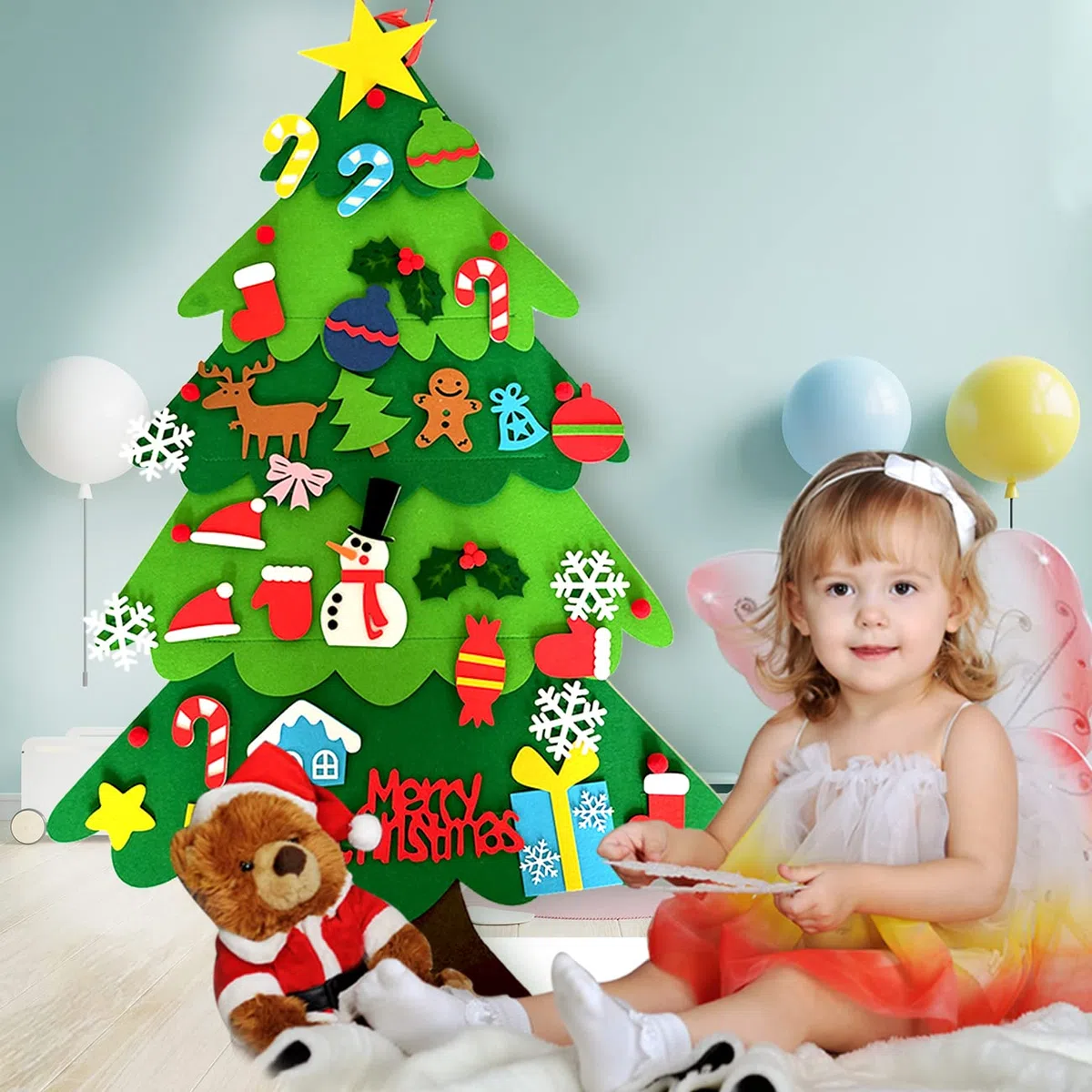 LUOHONG Albero Natale Feltro per Bambini, 32 Ornamenti Staccabili Regali di Natale di Nuovo Anno per Bambini, Decorazioni Natale per Pareti di Porte