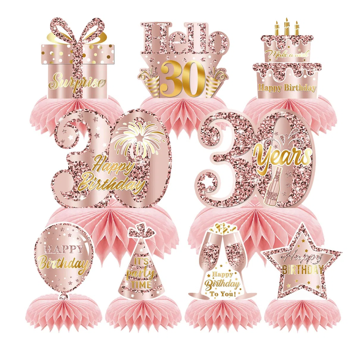9 Pezzi Rosa Rosegold 30 Compleanno Alveare Centro Tavola Decorazione per Ragazze Felice 30 Compleanno Tavolo Deko Feste Accessori Centrotavola per Diciotto Anni