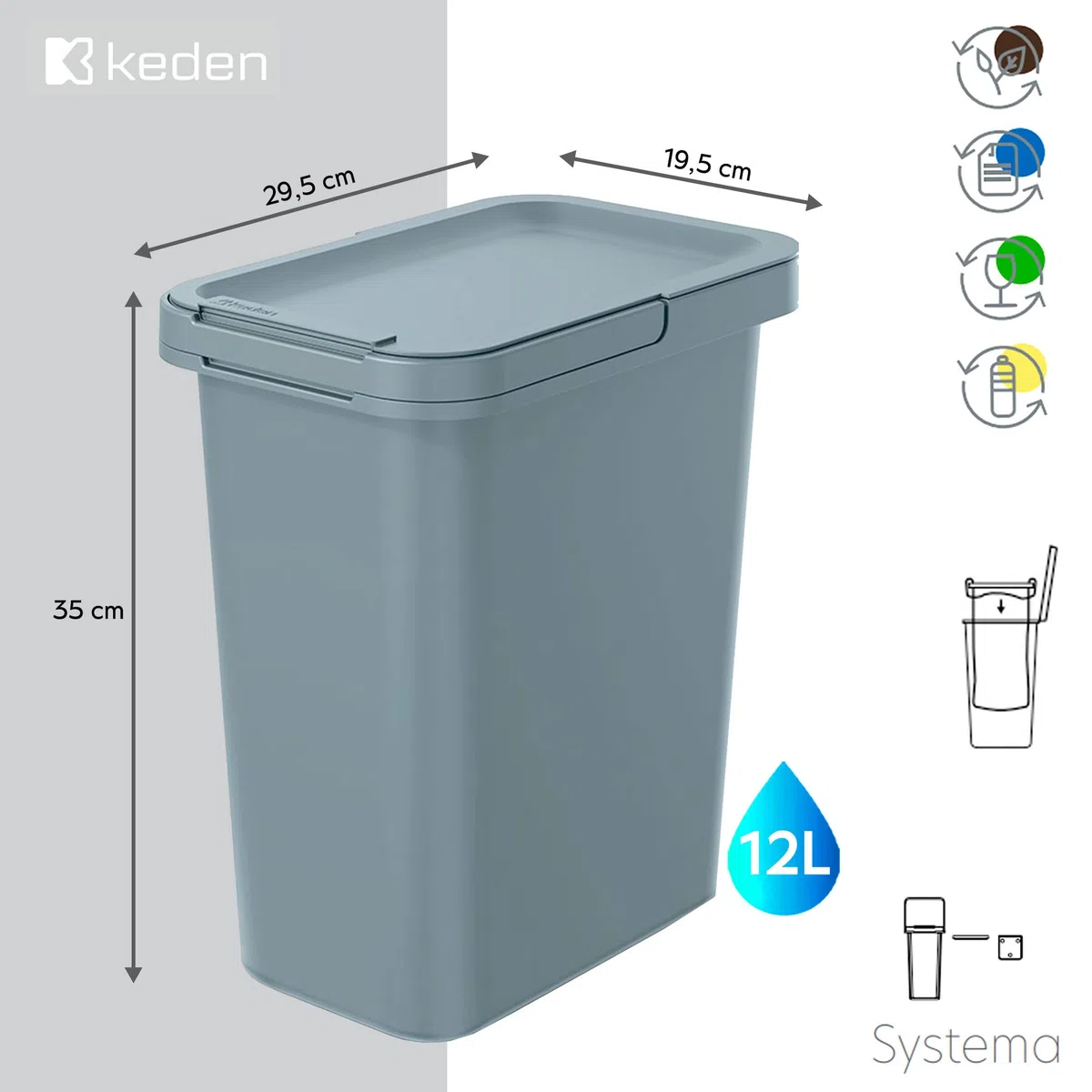 Cubo di riciclaggio quadrato 12l di colore Keden grigio
