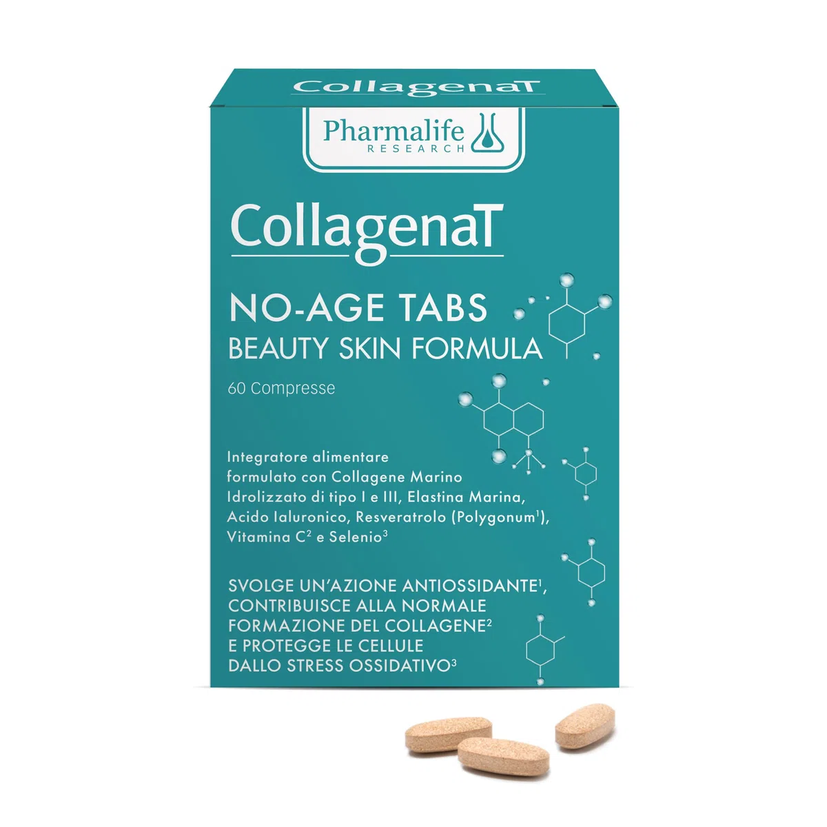 Collagenat No-Age Tabs Beauty skin formula Pharmalife integratore con Collagene di tipo I e III, acido jaluronico, elastina marina, Resveratrolo, Vitamina C e Selenio