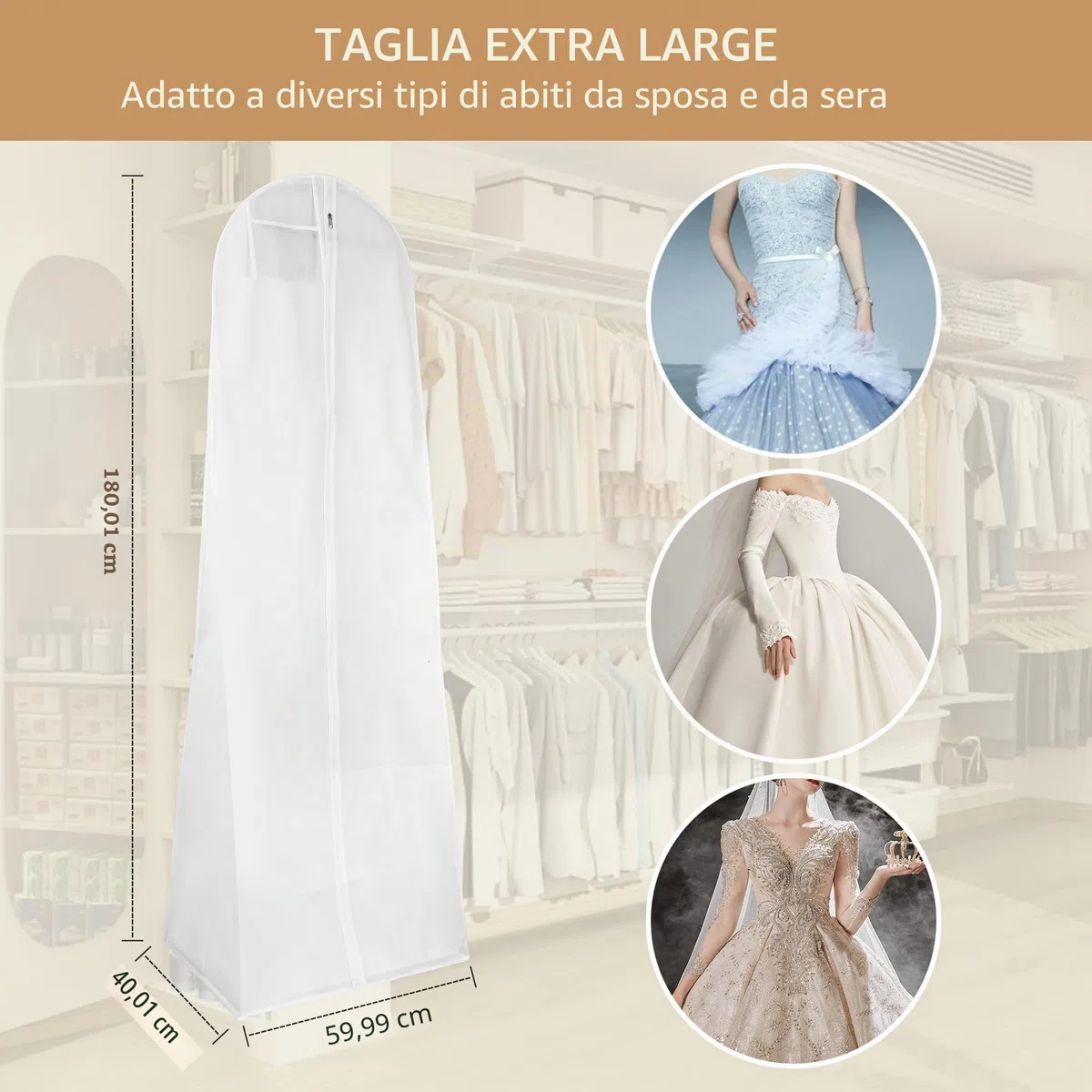 2 Pezzi Custodia Porta Abito da Sposa Copriabiti Antipolvere 180 cm per Indumenti per Abiti da Sposa,Con Cerniera, Adatta per Abiti da Sposa, Abiti, Cappotti, Cappotti Lunghi, ecc