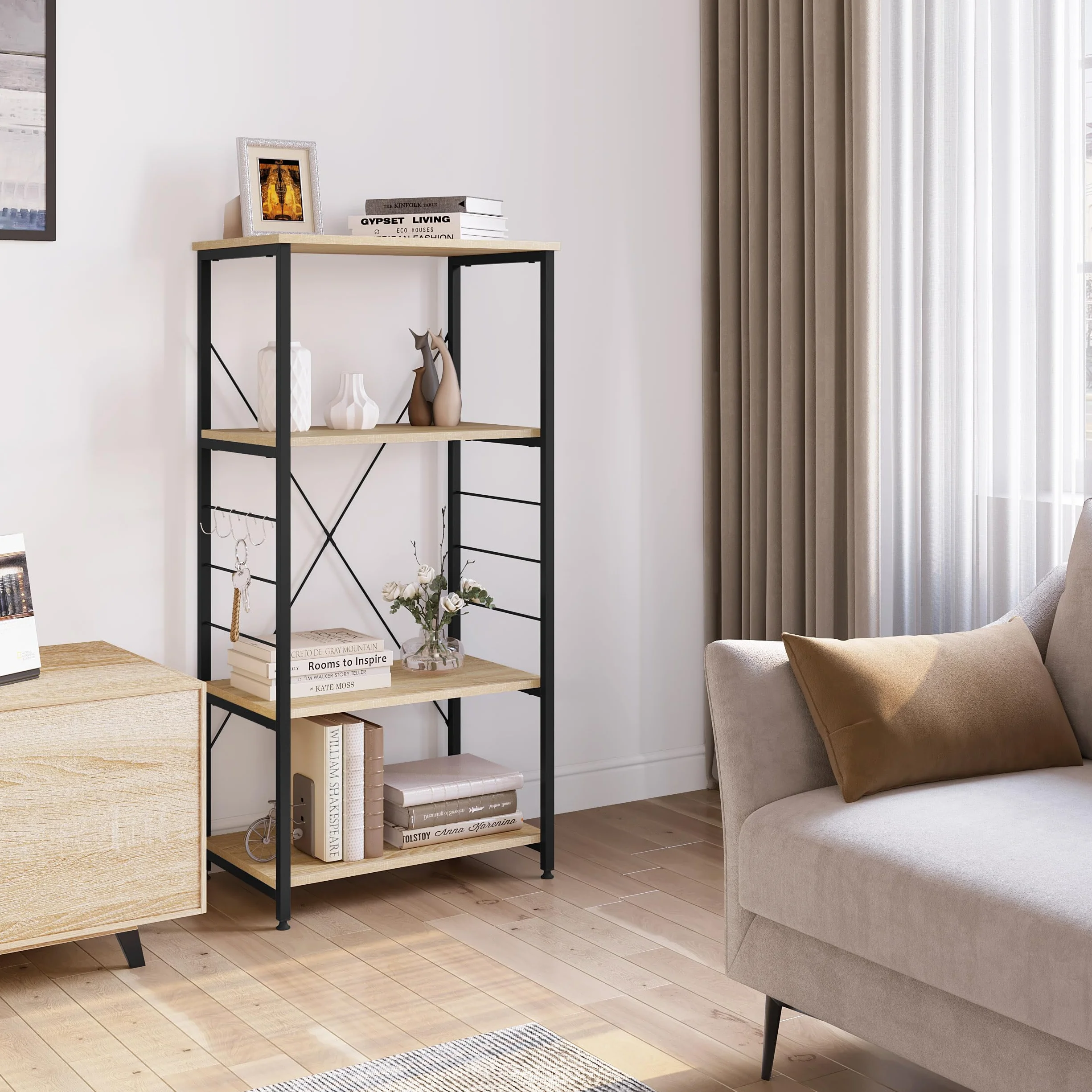 WOLTU Scaffale per Cucina Carrello Porta Microonde Forno a 4 Ripiani con Ganci in Acciaio Legno