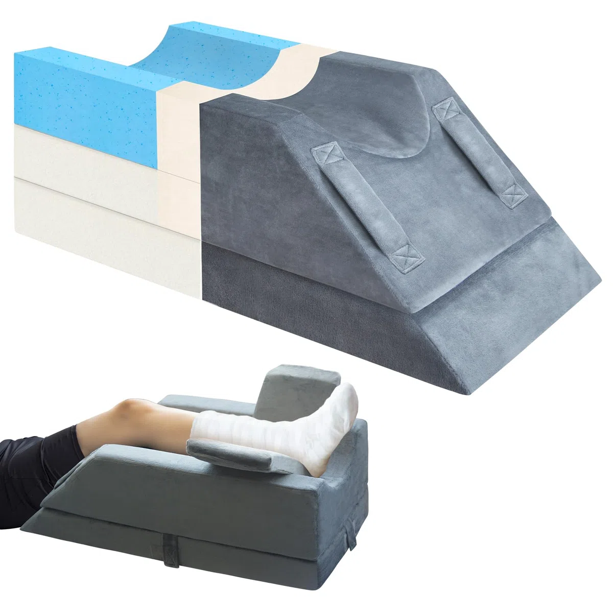 KingPavonini Cuscino per le gambe regolabile in altezza in 4 livelli, inserto post-op/lesioni/riposo, cuscino per gambe in memory foam con 3 manici e inserto per imbottitura, lavaggio in velluto