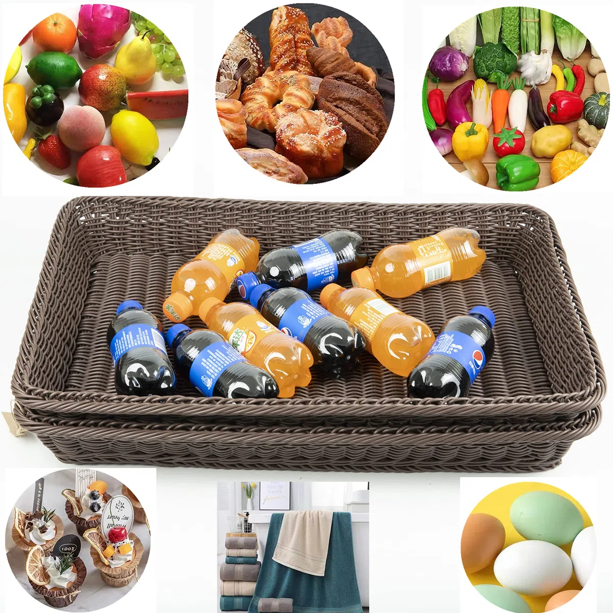 SOLAPOLLO - 2 cestini per il pane rettangolari in vimini, grandi, rettangolari, per cucina, espositori per alimenti da tavolo (grande, 60 x 40 x 8 cm, marrone)