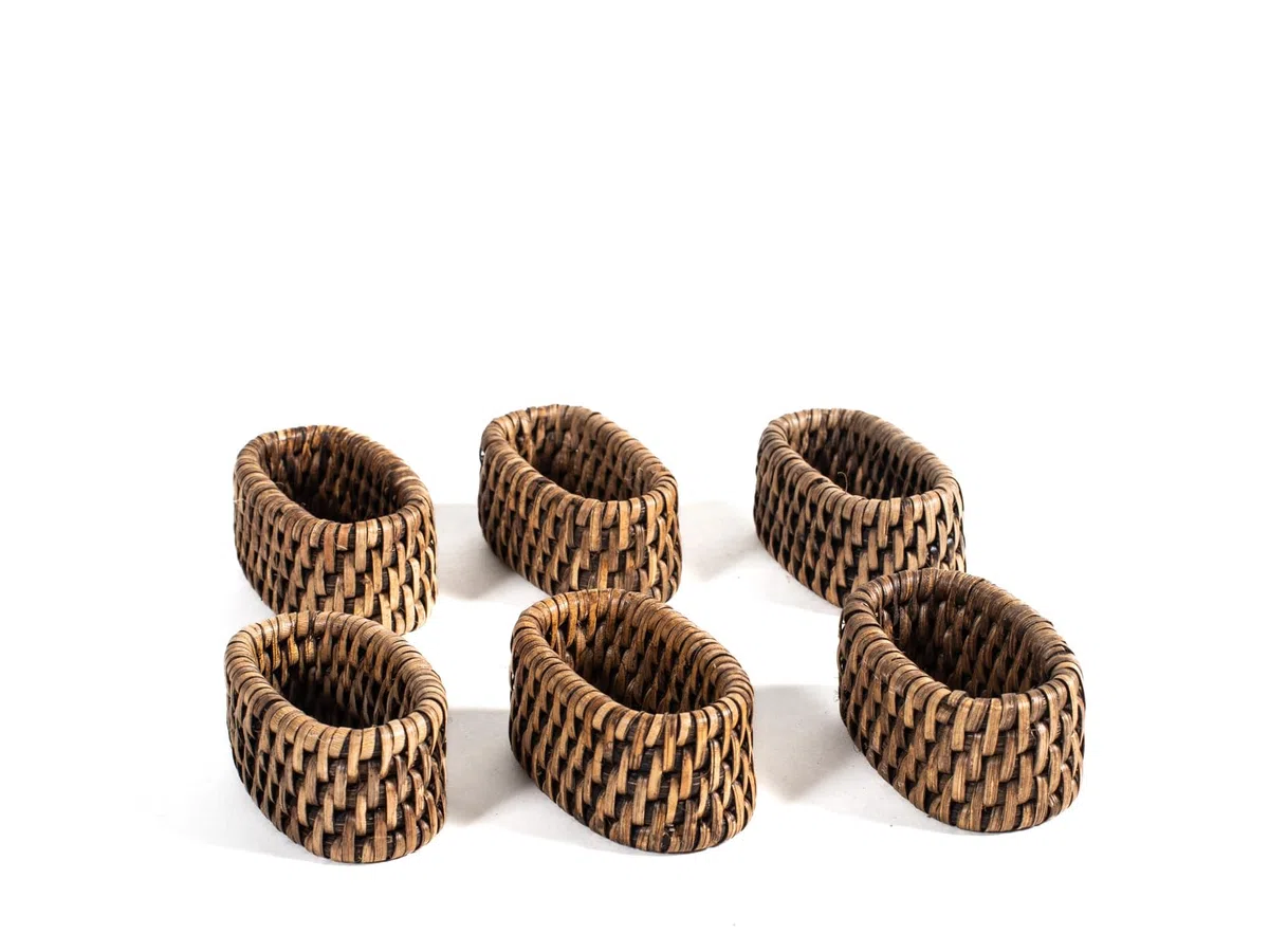 H&H Set 6 Legatovaglioli in Rattan Naturale, Portatovaglioli Decorativi 7x4x3 cm, Stile Boho e Coastal, Marrone