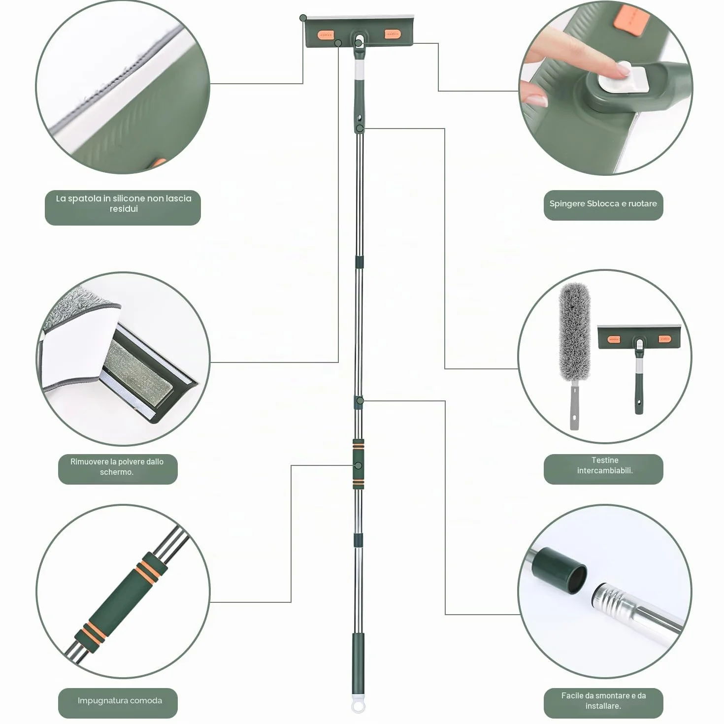 4 in 1 Lavavetri Telescopico, Kit Pulizia Vetrate con Tergivetro in Silicone e Spazzola in Microfibra, Lavavetri con Manico Telescopico per Auto Vetro Alte