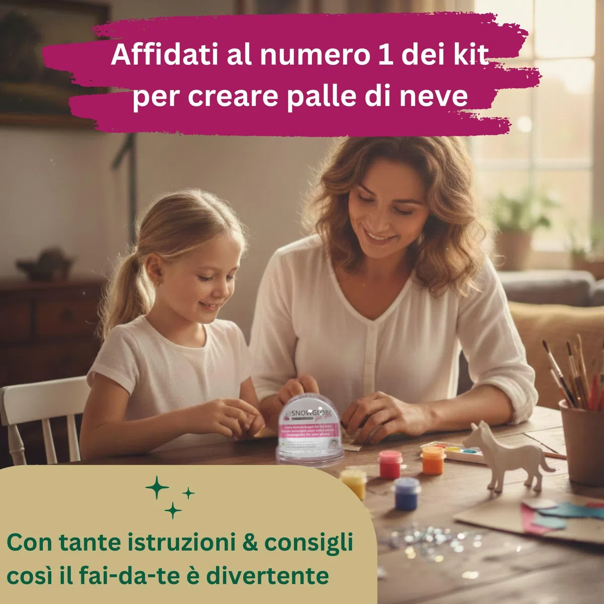 Globo di neve grande | contenuto argento stelle | con 2 x immagini | base trasparente | sfera di neve glitter | larghezza 9 cm altezza 8 cm 2 pagine da colorare | cornice regalo foto | 50011