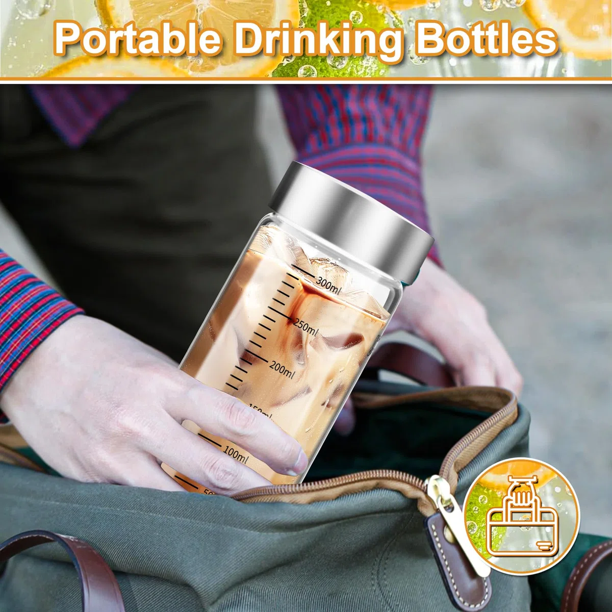 4 Bottiglie di Vetro da 300 ml con Coperchio in Acciaio Inox,Riutilizzabile,Senza BPA,per Succhi, Frullati, Caffè, Latte, Tè, Latte Vegetale e Altro Ancora