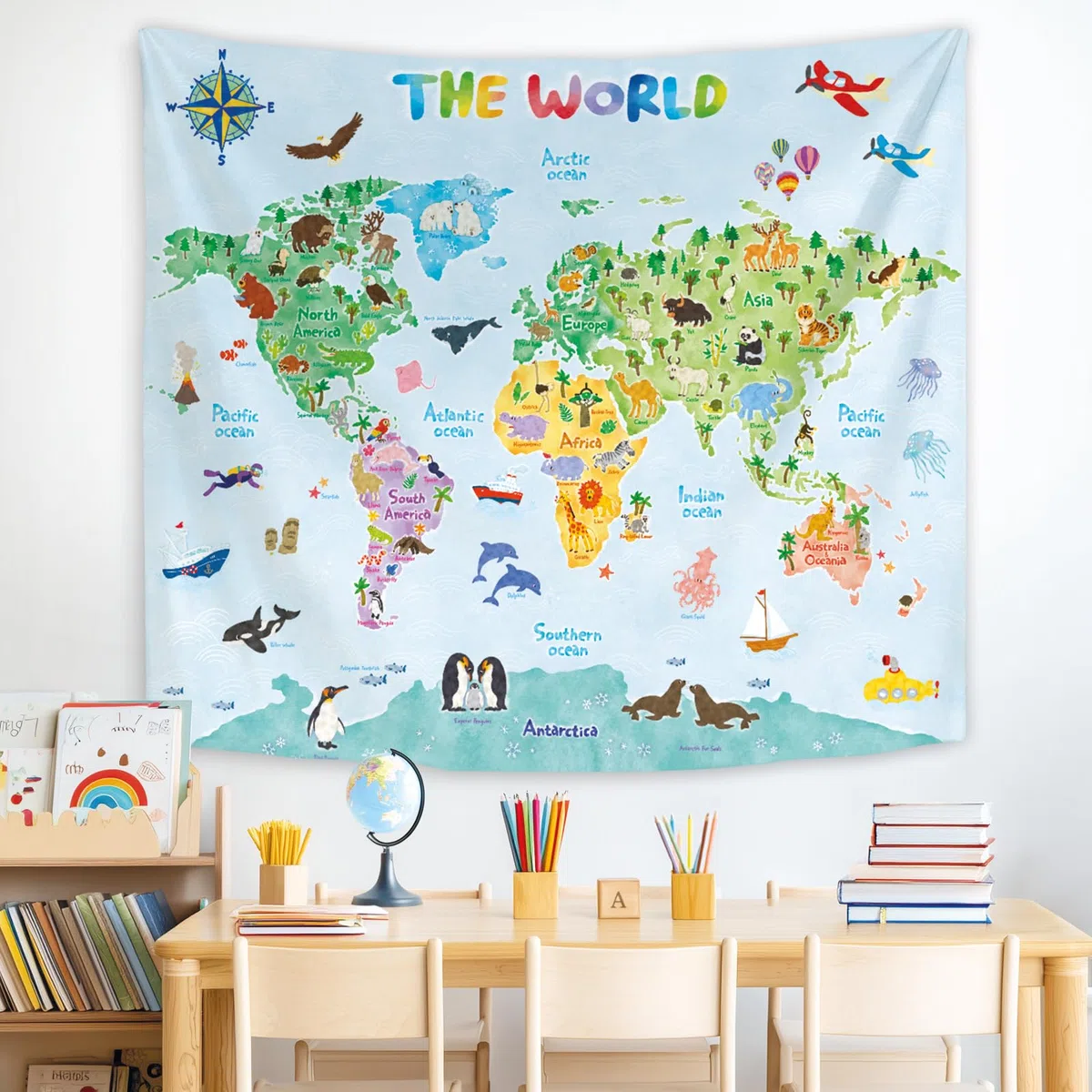 BASHOM TP-001 Poster con Mappa del Mondo degli Animali per Bambini Apprendimento Educativo Appeso a Parete per Camera da Letto Soggiorno Asilo Nido Dormitorio Home Decor 60''x50'' (150x130 cm)