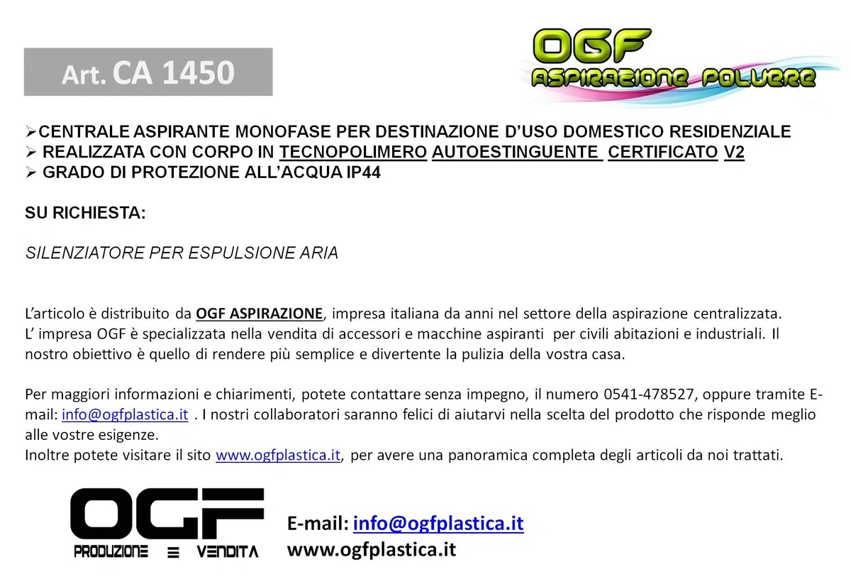 CENTRALIZZATO MONOFASE BIANCO - ASPIRAPOLVERE CENTRALIZZATO CA 1450 CON SOFT START E VALVOLA ROMPIVUOTO