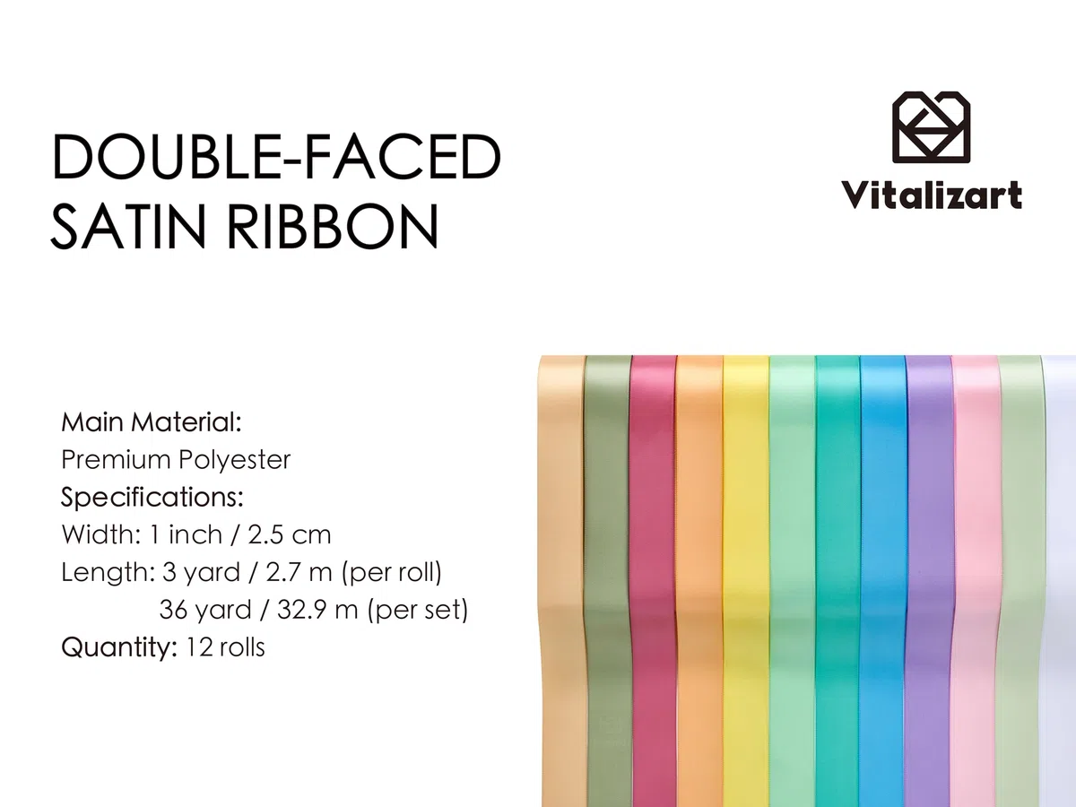 Vitalizart Nastro di Raso 12 Colori Chiari 2,5cm*32,9m per Confezioni Regalo, Nastro Regalo Poliestere Doppio Lato, Nastri in Tessuto Spesso per Artigianato, Bouquet, Decorazioni & Ghirlande Natalizie
