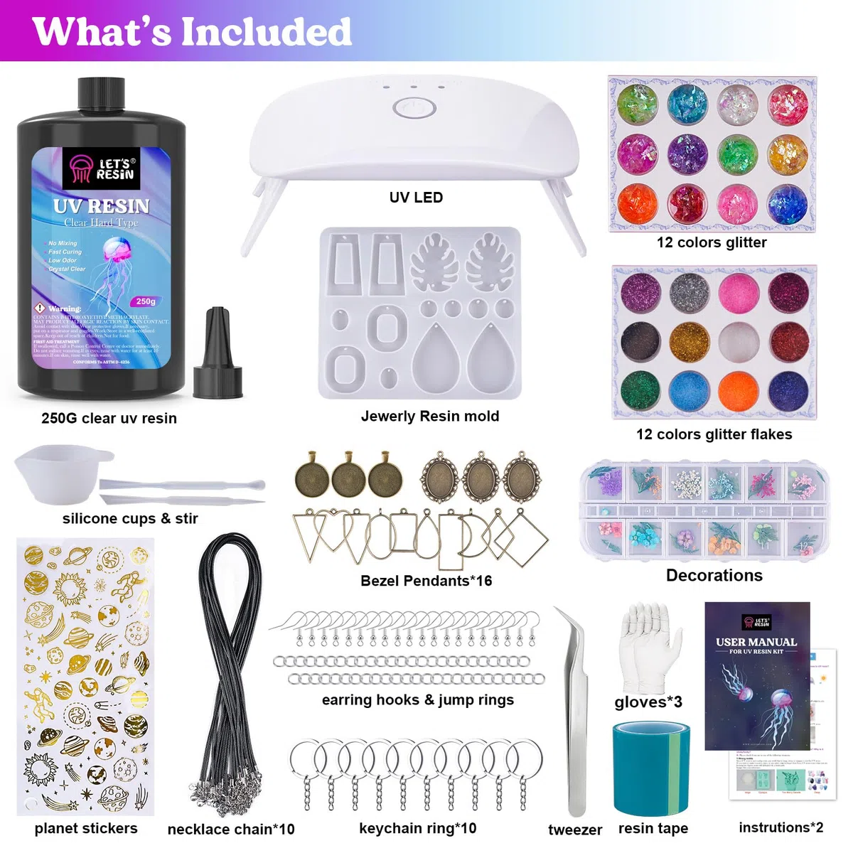 LET'S RESIN Kit per la creazione di gioielli in resina UV con lampada, 153 pezzi, con 250 g di resina UV trasparente a basso odore, kit iniziale per portachiavi, gioielli, decorazioni per la casa