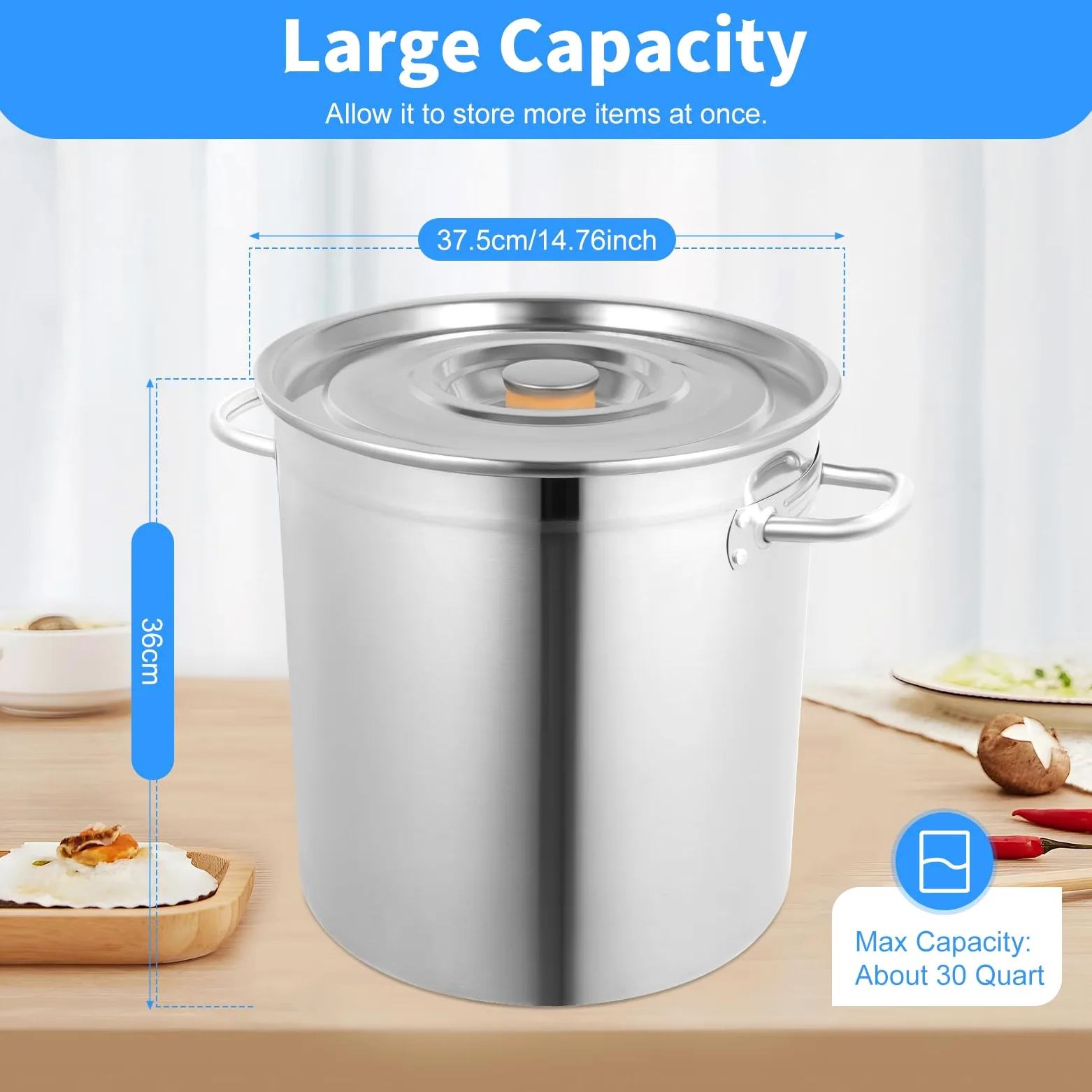 Pentola grande da 35 l, in acciaio inox, con coperchio, per fornelli a gas, elettrici, a induzione, argento