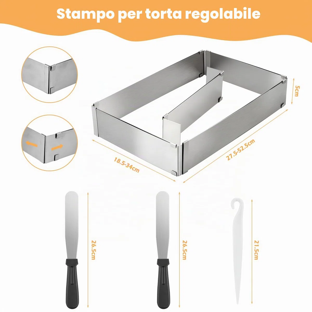 Stampo Rettangolare Torta, Anello per Dolci in Acciaio Inox con Divisore e Spatola, Regolabile 18-33 cm x 28-53 cm, Altezza 5 cm, Anello per Torte per Dolci, Pasticceria, Torte