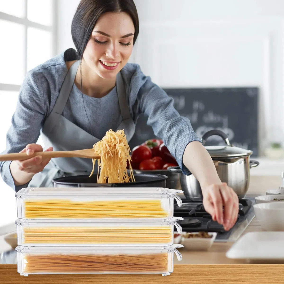 Spaghetti - Set di 3 contenitori impilabili e ermetici con coperchio per pasta, cereali e cornflakes, ideali per armadietti e organizer da cucina