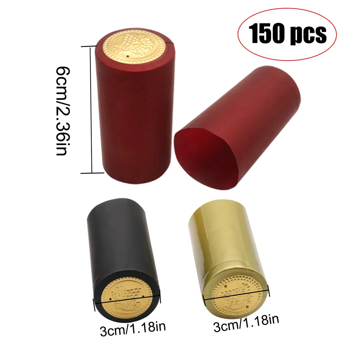 Cappucci Termoretraibili Tappo 150 Pcs Capsule Bottiglia di Vino in PVC Shrink Caps (Nero Oro Rosso)