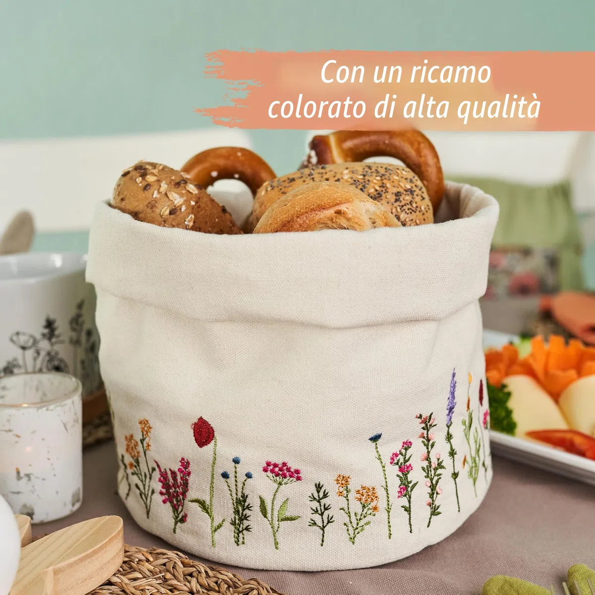 PAPIERDRACHEN Cestino per il pane con prato primaverile – affascinante decorazione da tavolo – con ricamo floreale di alta qualità in effetto prato