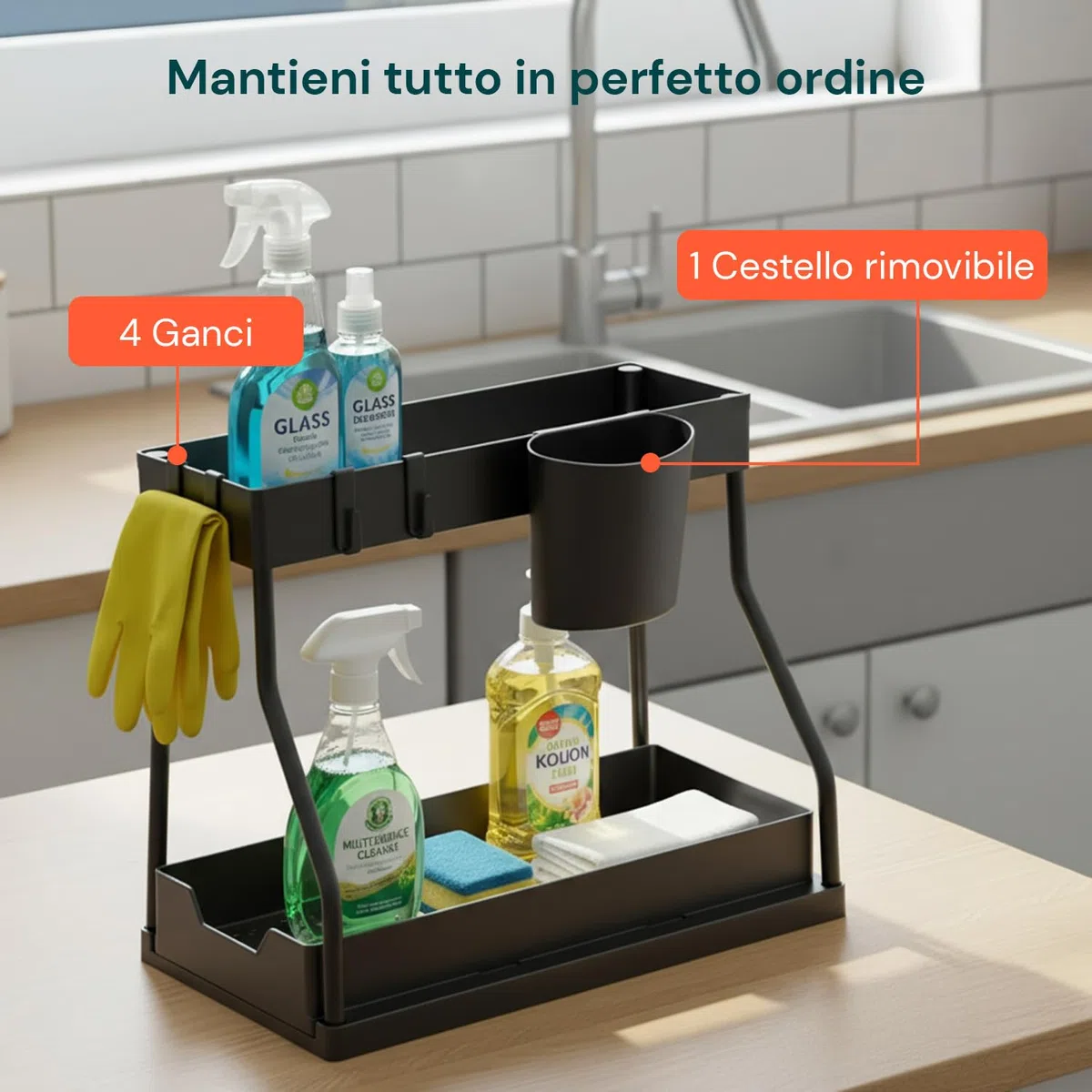 Avilia - Organizer Sottolavello Estraibile a 2 Livelli, Cassetto Scorrevole Salvaspazio con Secchiello Laterale e 4 Ganci, Multiuso Cucina, Bagno e Lavanderia, Scrivania.