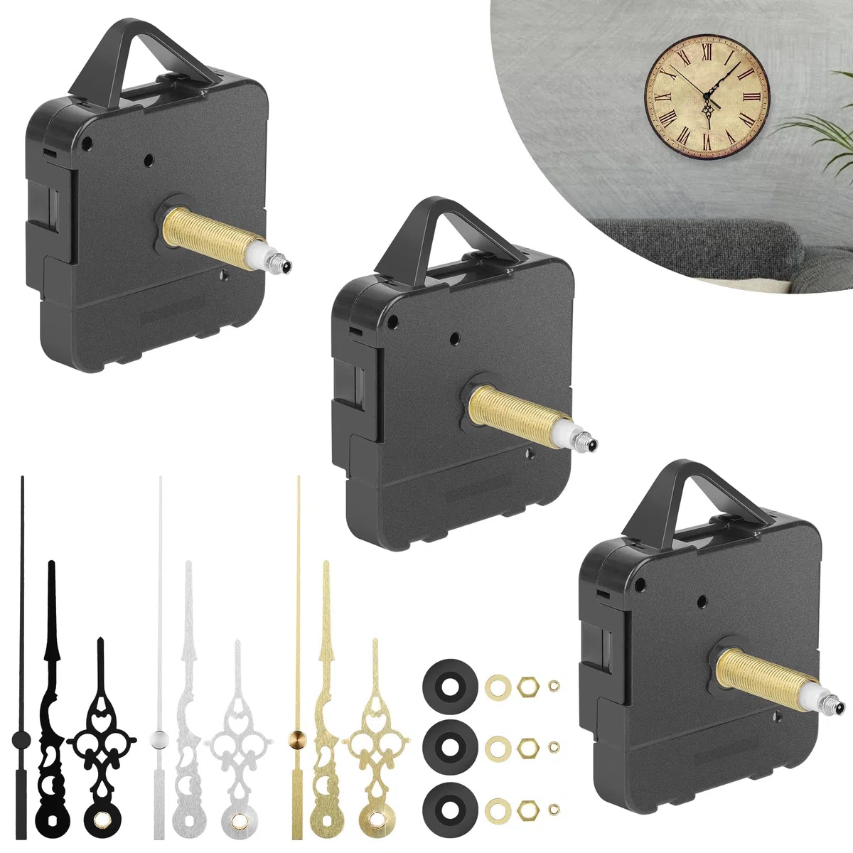 EEEKit Meccanismo per Orologio da Parete, 3 Pezzi Meccanismi al Quarzo ad Alta Coppia per Installazione Fai-da-Te, Orologio con 3 Set di Lancette per Riparazione Orologi