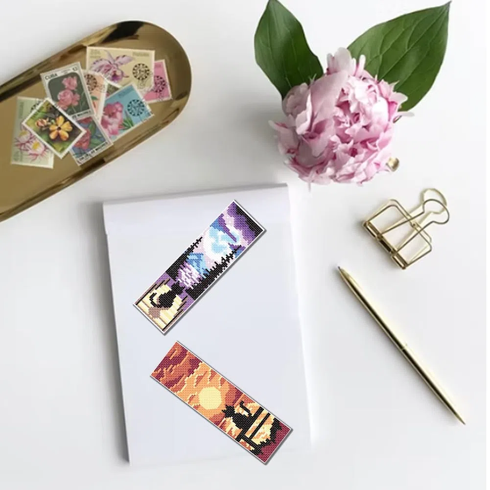 FREEBLOSS Set di 6 segnalibri a punto croce con motivo paesaggistico e gatto, kit da ricamo con istruzioni, per adulti, 20,3 x 6,1 cm