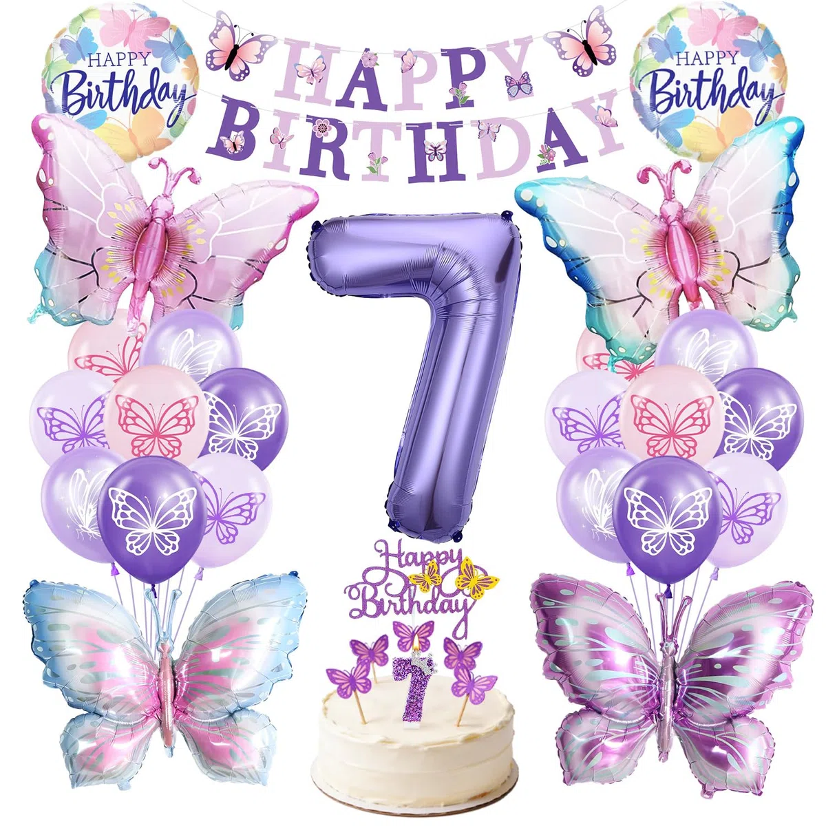 Palloncini Farfalla Compleanno 7 Anni, XXL Farfalla Festa Decorazioni, Palloncino Numero 7 con Happy Birthday Striscione, per Festa Compleanno Farfalle Bambina