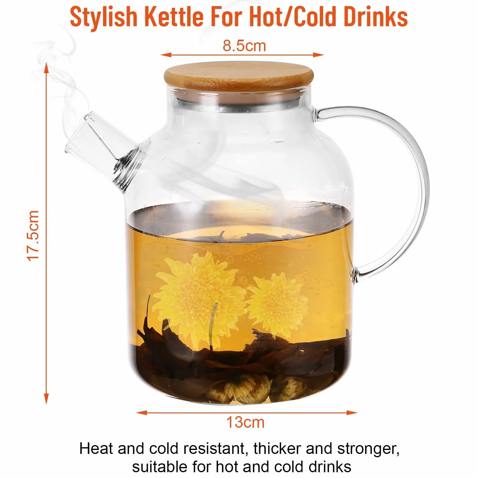 Kasanni Teiera In Vetro 1.8 L Copertura In Legno Con Filtro Resistente Al Freddo e ai Calore, a Prova di Esplosione Teiera Vetro Borosilicato Adatto Per Tè, Tisane Profumate e Bevande Alla Frutta