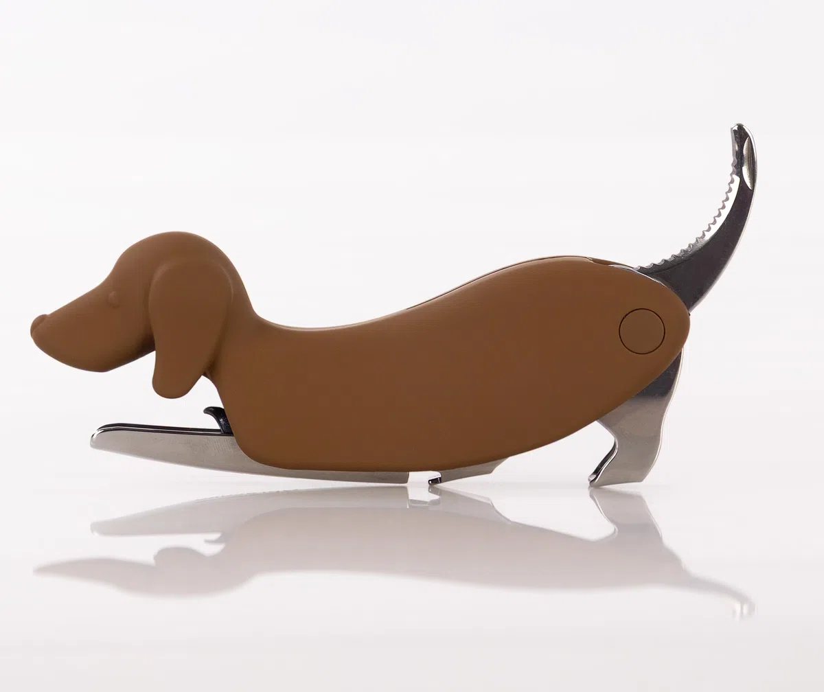 Cavatappi a forma di cane in acciaio | Spirale in teflon antiaderente, Sistema a due tempi, Lama seghettata, Apripiatti integrati
