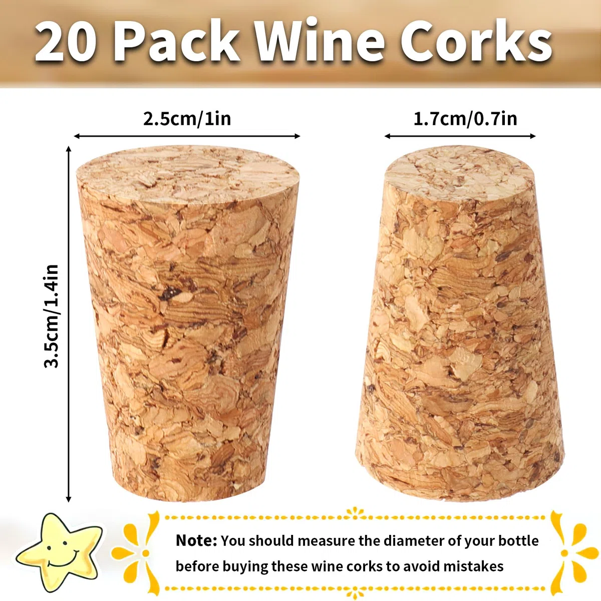 Confezione da 20 tappi di sughero morbidi in legno, tappi affusolati per bottiglie di vino, tappi per bottiglie di vino, tappi per bottiglie di vino, birra, liquori, artigianato fai da te, 2,4 x 2,7 x