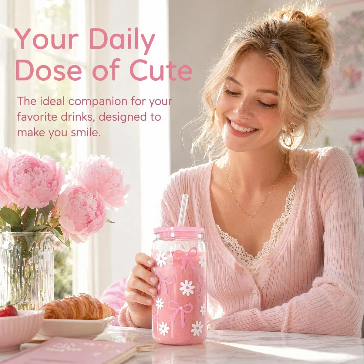 Bicchieri da 500 ml con fiocco rosa, cannucce in plastica con coperchio, tazza per frullati, per feste, baby shower, latte, acqua ghiacciata, succhi di frutta, caffè, bibite, cocktail, bevande fredde