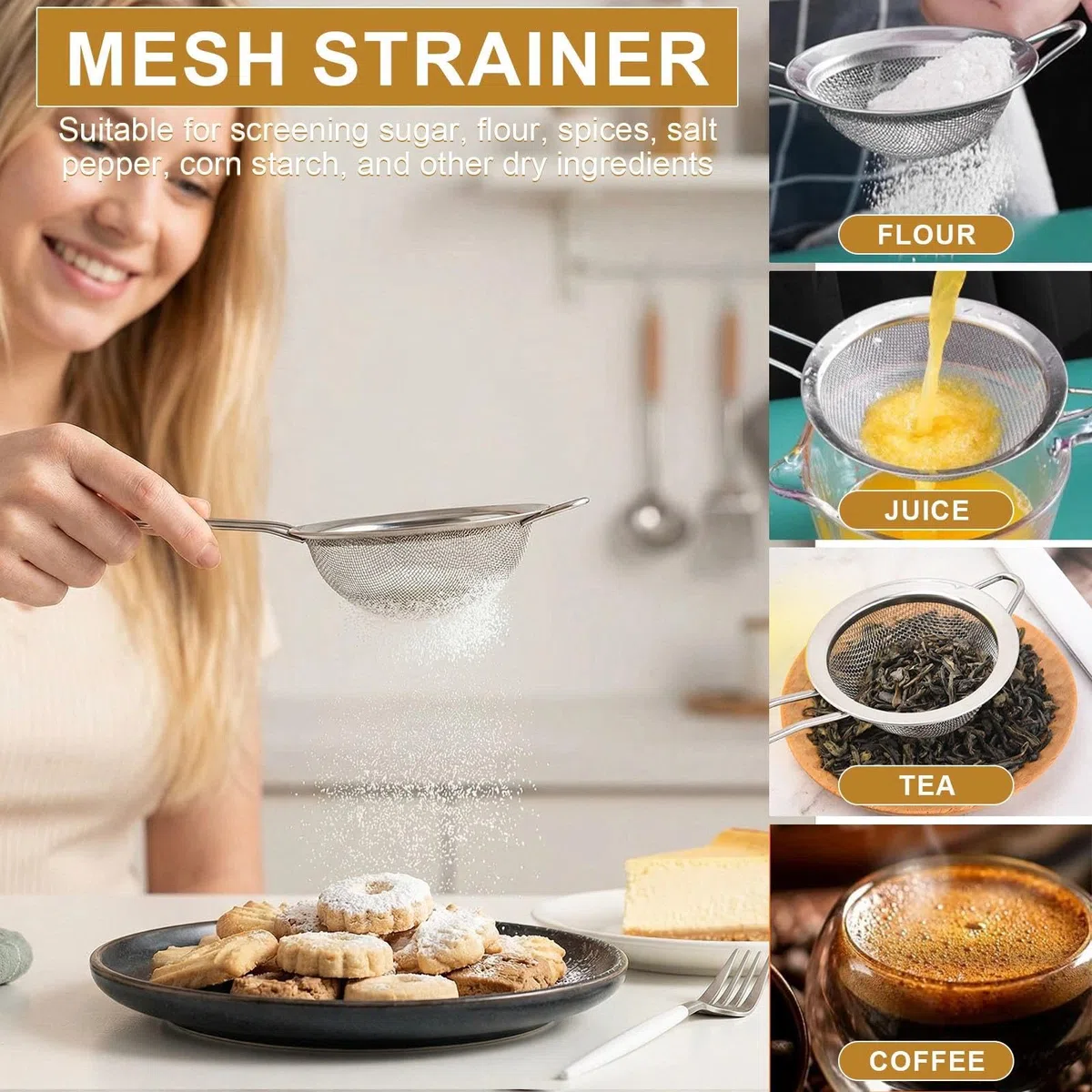 Set di 5 Setaccio Farina in Acciaio Inox Spargi Zucchero a Velo a Una Mano Colino Cucina con Coperchio con 16 Coffee Stencils Setaccio per Farina per Cacao, Spezie, Zucchero, Cioccolato