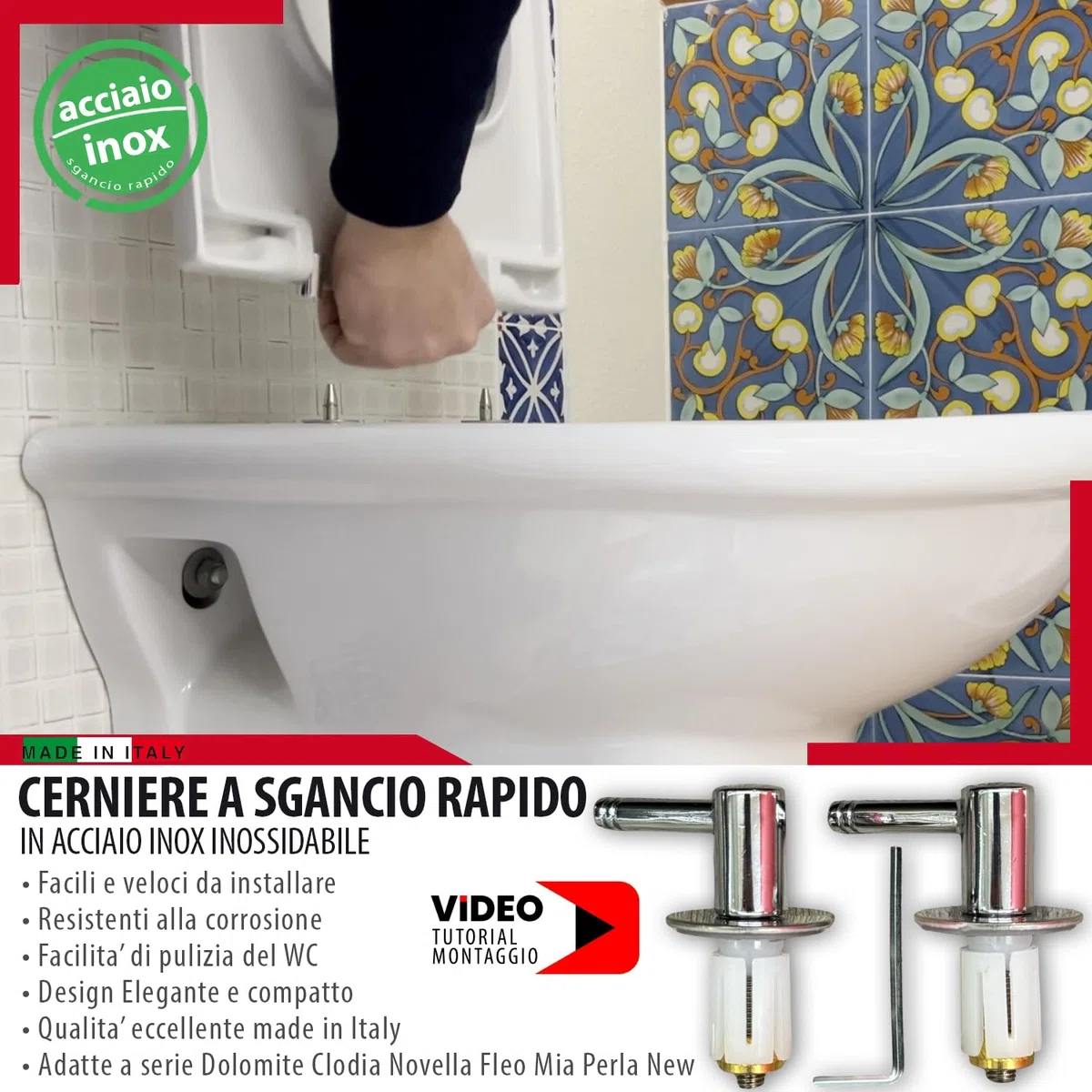 Cerniere Tavoletta WC Acciaio Inox - MASTERBRICO, Cerniere Copriwater a Sgancio Rapido, Universali per Copriwater Dolomite Clodia, Mia, Fleo, Novella, PerlaNew - Design Cromato Moderno - Set 2 Pezzi