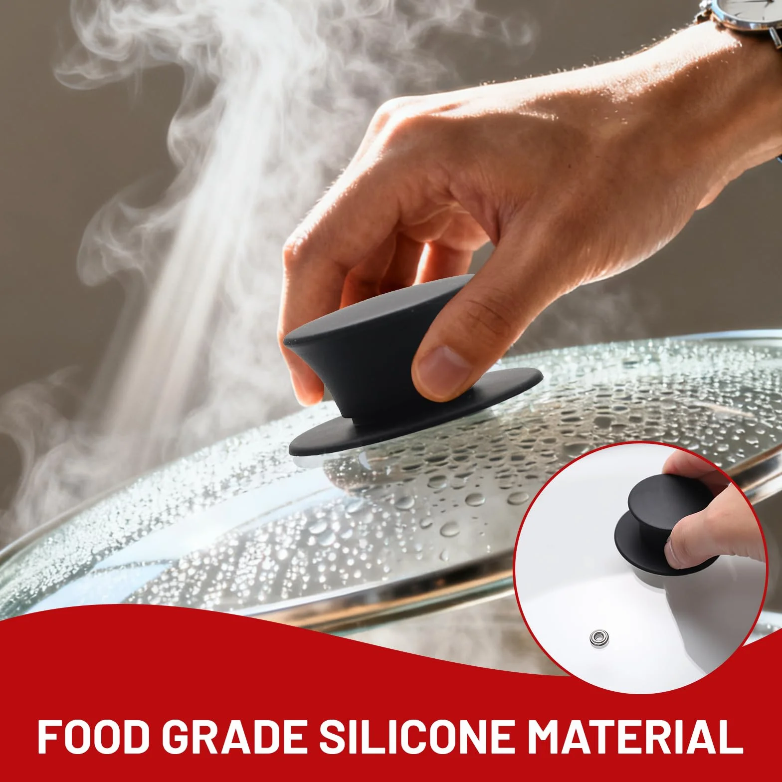 6 Manopole per Coperchio Della Pentola - Coperchio in Silicone Universali Senza BPA e Resistenti al Calore - Pomello di Ricambio per Vetro con Foro (Nero)