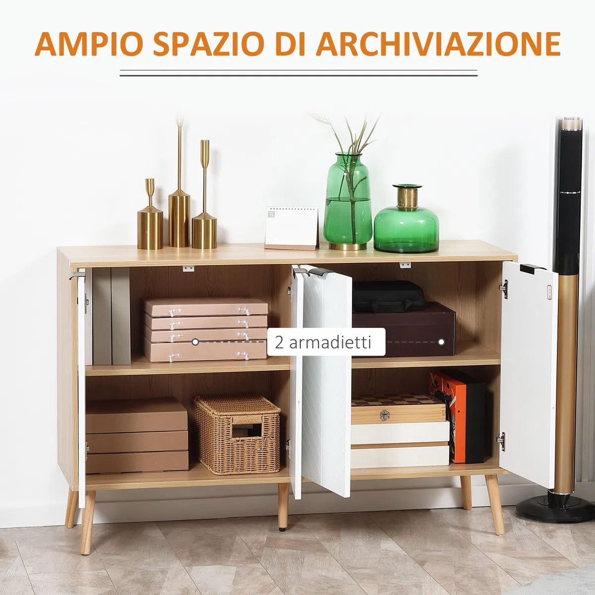 HOMCOM Credenza Cucina, Mobile Cucina con Ripiani Regolabili e Gambe in Legno di Pino, Credenza Buffet Moderno per Soggiorno, Salotto, Sala da Pranzo, 120x35x77.4cm, Naturale e Bianco