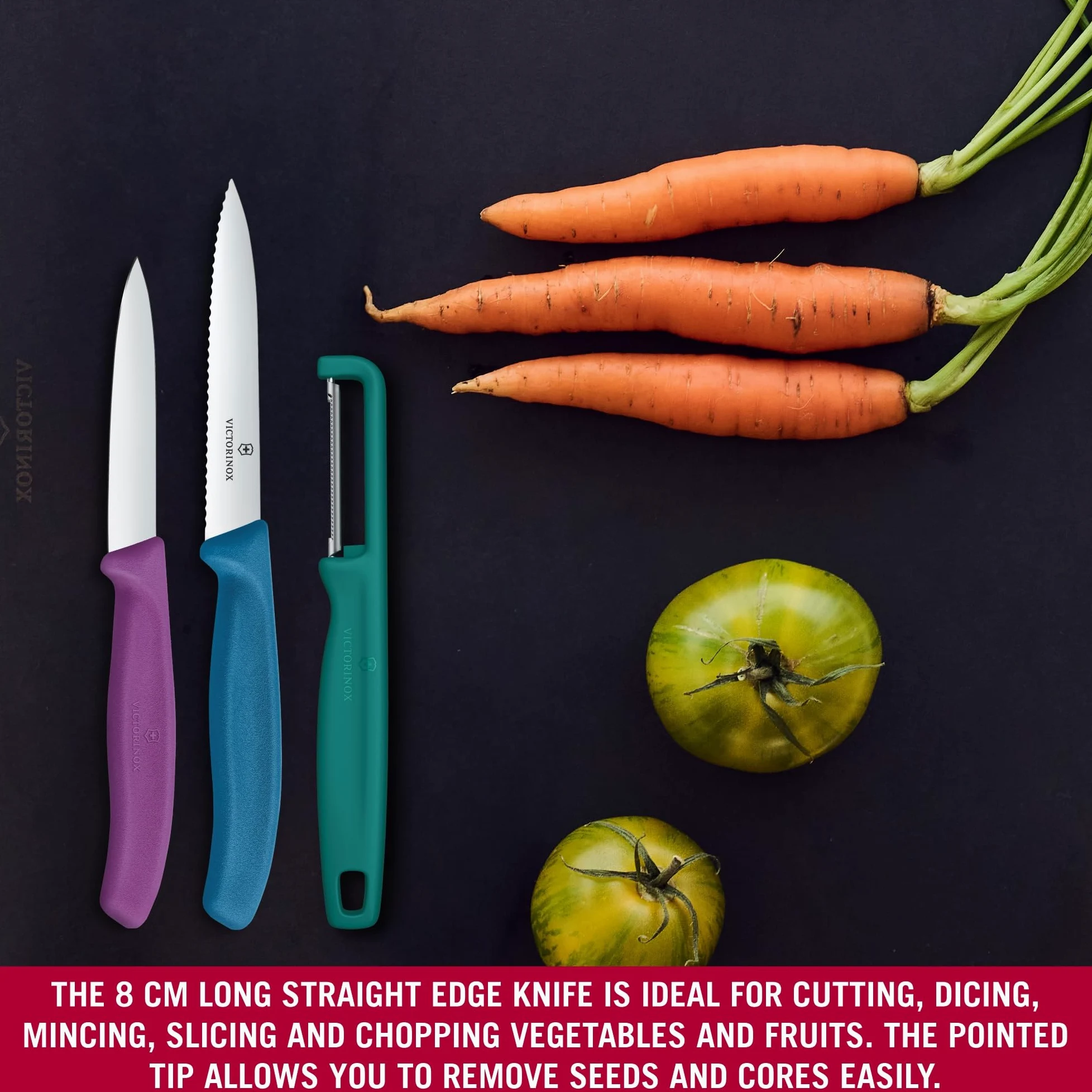 Victorinox Swiss Classic Set di coltelli per verdure con pelapatate, spelucchino e coltello per pomodori, 3 pezzi, lama diritta e seghettata, acciaio inox, Colorato