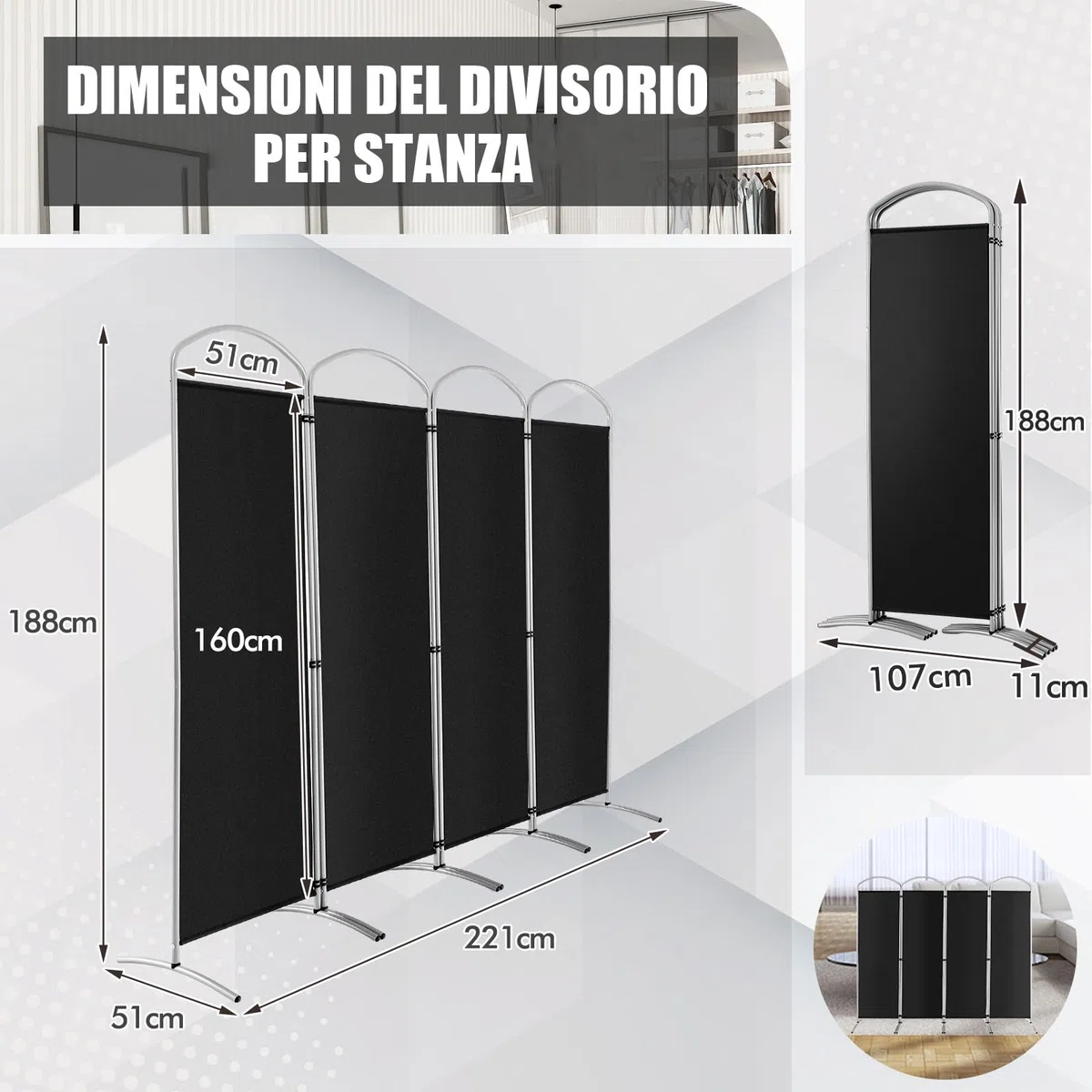 COSTWAY Paravento Pieghevole a 4/6 Pannelli, Separé Divisorio Interno ed Esterno, Pannelli Divisori per Camera da Letto, Ufficio e Soggiorno (221 x 188 cm 4 Pannelli, Nero)