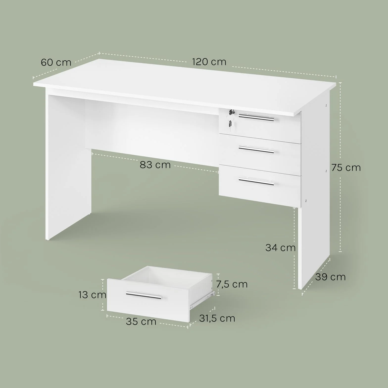 WOLTU Scrivania con 3 Cassetti, 120x60 cm, Bianco, Tavolo da Lavoro, Scrivania per Computer, Porta PC in Legno
