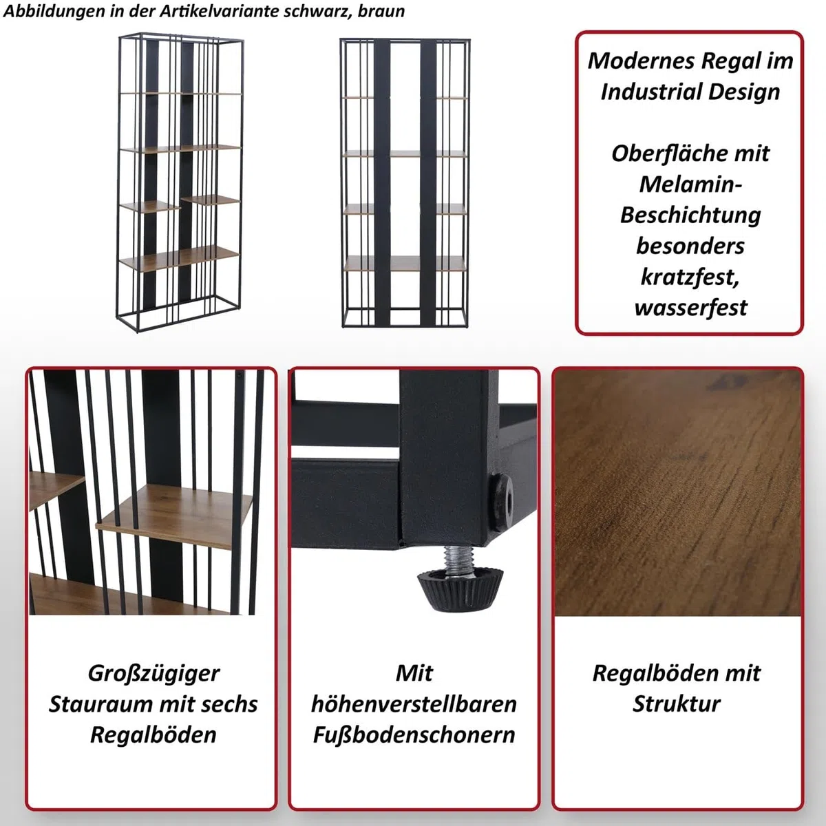 Scaffale HWC-P12, libreria alta, metallo industriale melaminico certificato MVG 180x80x31cm - nero, marrone