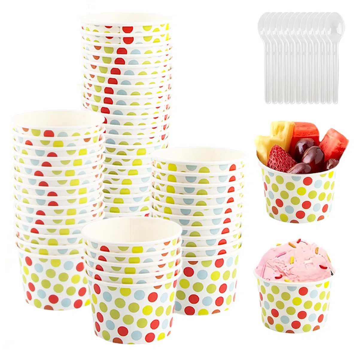 Coppette Gelato, 50 Pezzi Coppe Gelato Carta con 50 Cucchiaio Gelato, Bicchieri Gelato Carta, per Torte, Dessert, Frutta, Zuppa, Snack (Punti colorati)