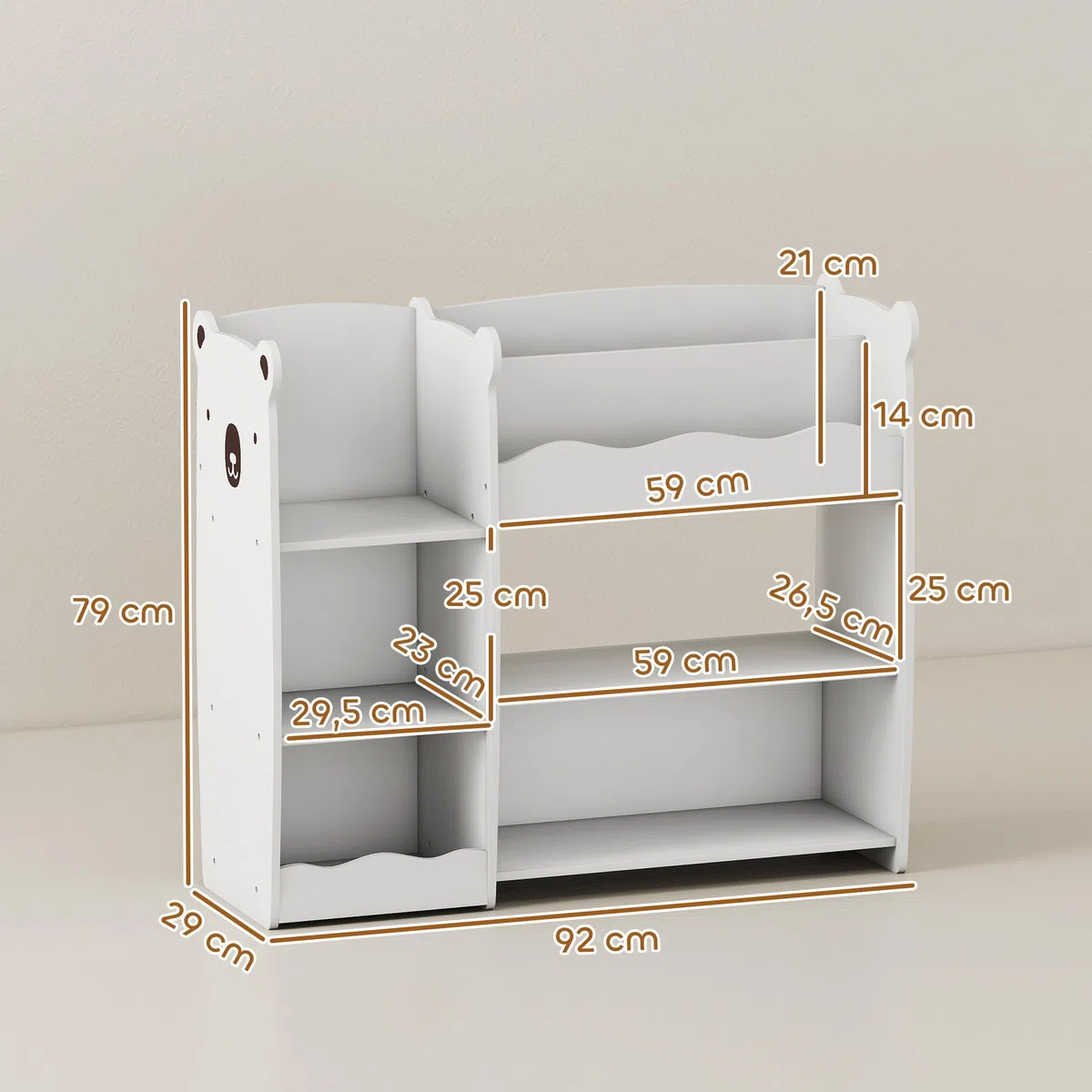 AIYAPLAY Scaffale per giocattoli per bambini con ripiani aperti, scomparti, design con orsacchiotti, organizer per giocattoli per camera da letto, sala giochi, asilo nido, bianco