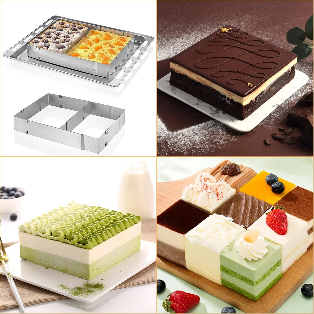 Stampo Rettangolare Torta, Anello per Dolci in Acciaio Inox con Divisore e Spatola, Regolabile 18-33 cm x 28-53 cm, Altezza 5 cm, Anello per Torte per Dolci, Pasticceria, Torte