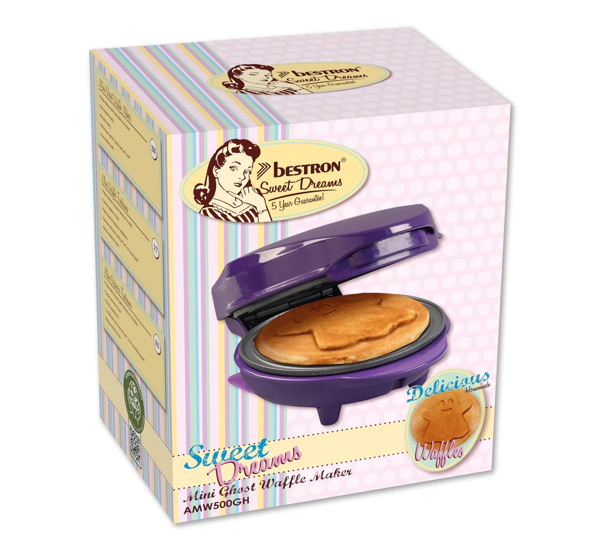 Bestron Mini piastra per waffle con piastra speciale "fantasma", dimensioni cialde Ø 10 cm, dimensioni ideali per bambini, per compleanni o come regalo, fioriera e rivestimento antiaderente, colore