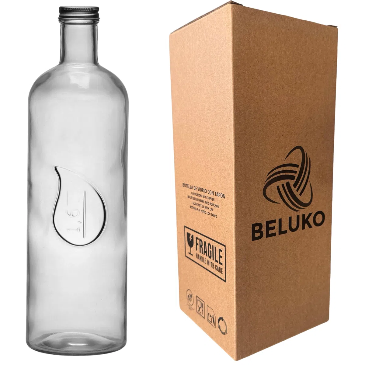 Bottiglia di vetro per acqua, bottiglia vetro 1 litro, 1600ml, Caraffe succhi per frigorifero, brocca caraffa per bevande fredde (TRANSPARENTE 1,6 LITRI)