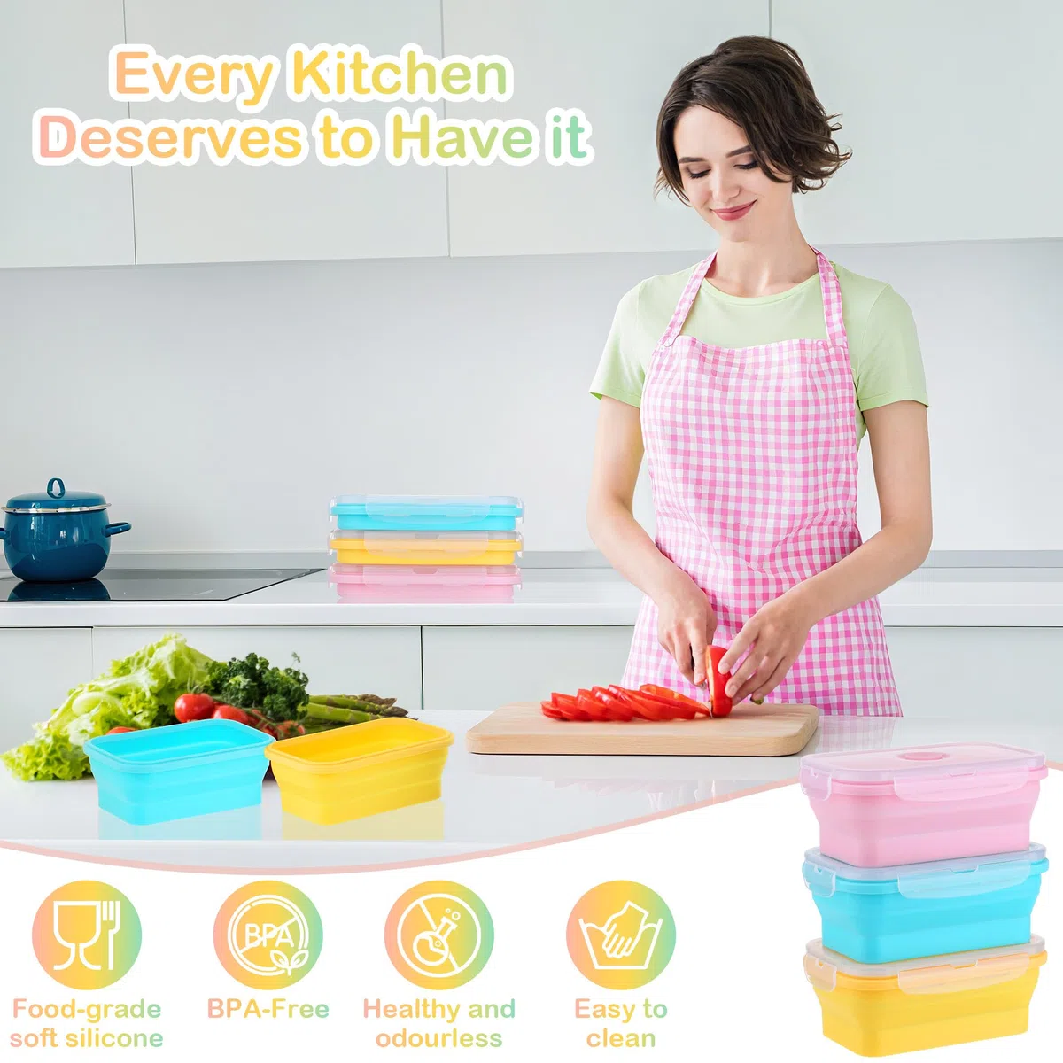 3 Pezzi Contenitori Pieghevoli per Alimenti 550ML, Portable Pranzo del Silicone, Set Contenitori Silicone per Alimenti Picnic Campeggio Scuola Ufficio